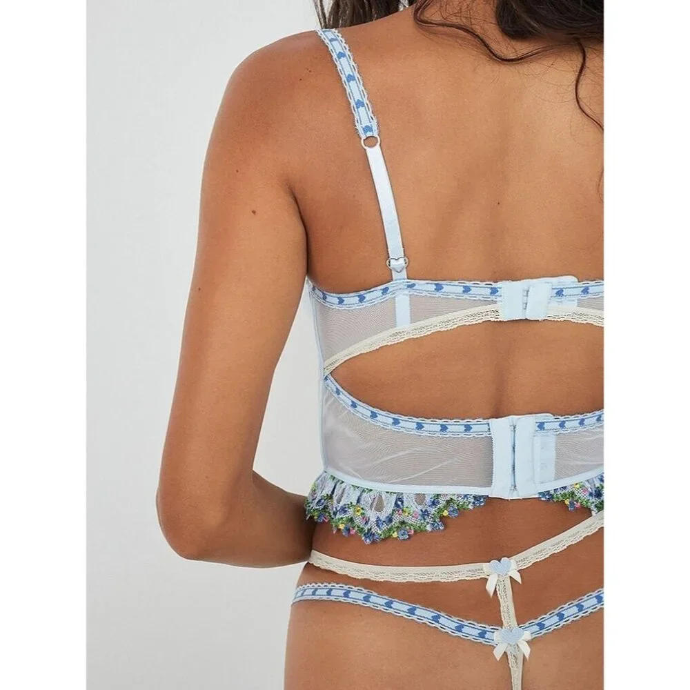 For Love & Lemons Blue Floral Embroidered Bustier Bralette Corset Top | Coquette - Picture 6 of 15